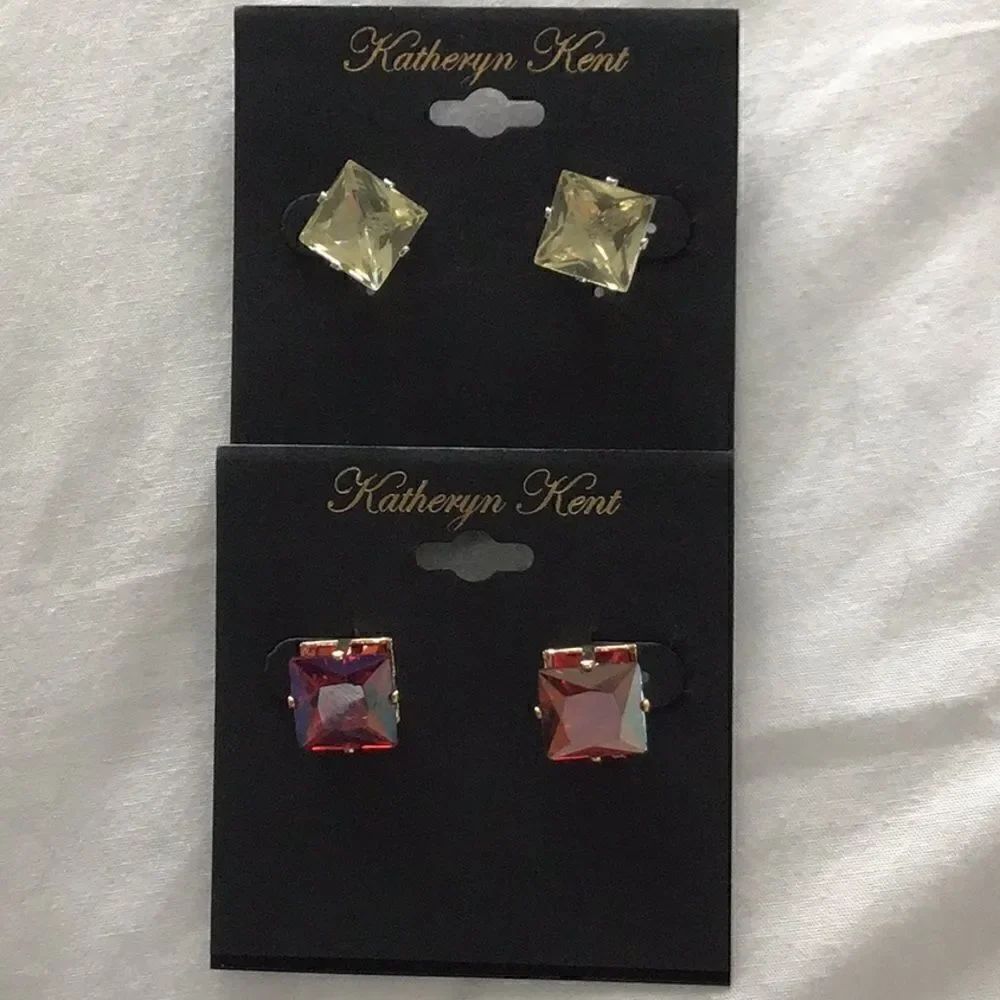 KATHERYN KENT, Gold-tone Square Crystal Stud Earrings 2 pair